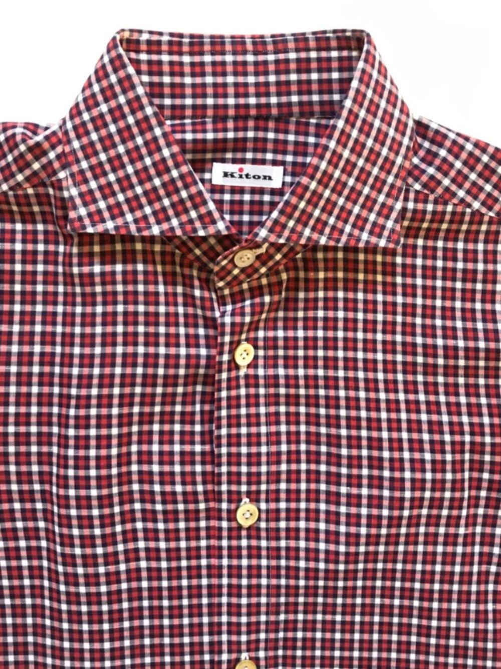 KITON Gingham Button Down Sport Shirt Mens 40 16 Red Blue Check Cotton Linen